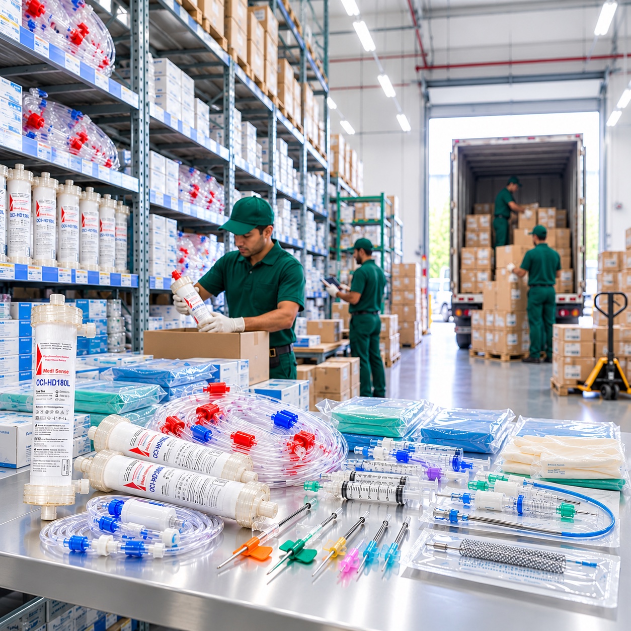 Medi-Sense medical supply warehouse packing dialyzers, blood tubing, and fistula needles for distribution.