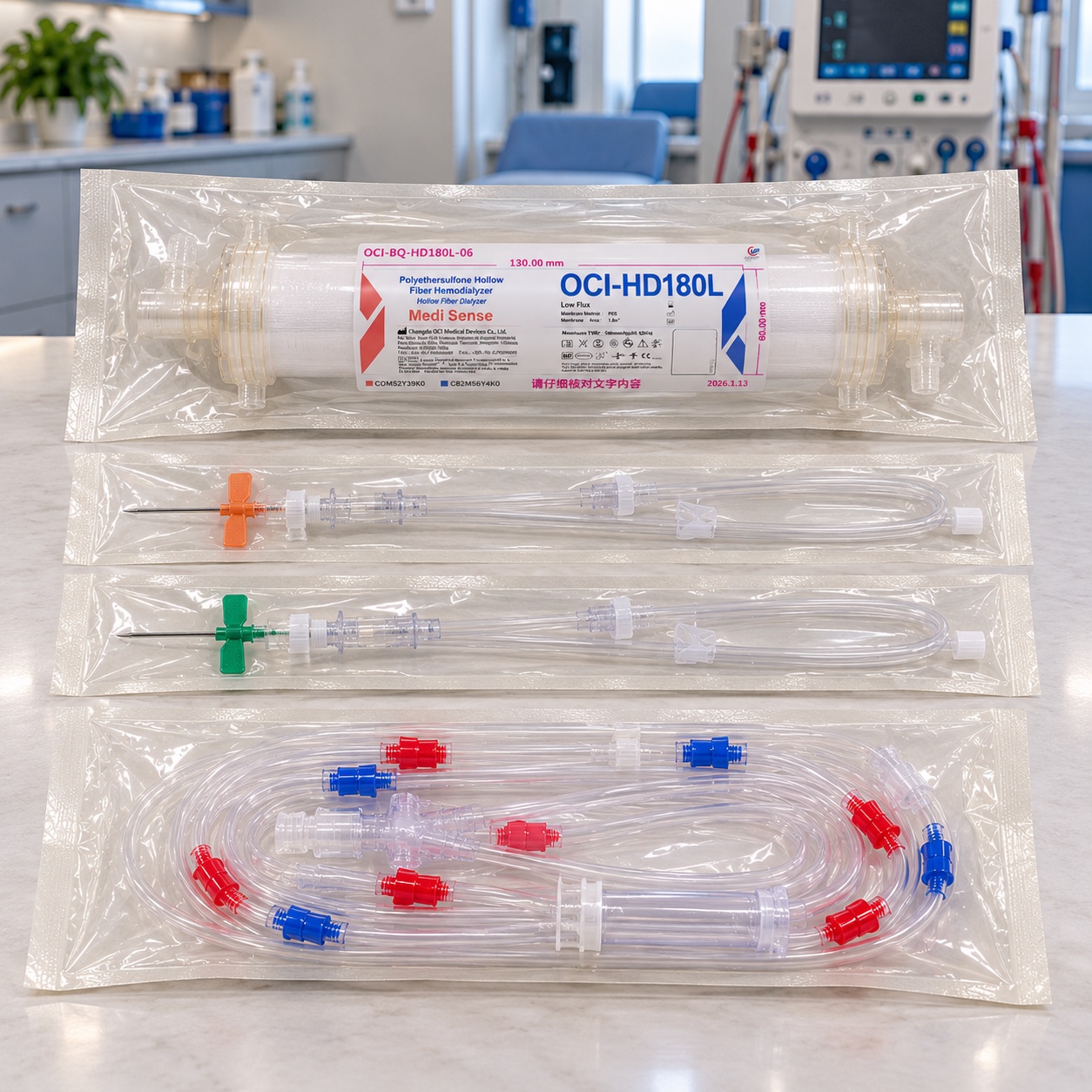 Clinical display of dialyzer, fistula needles, and blood tubing