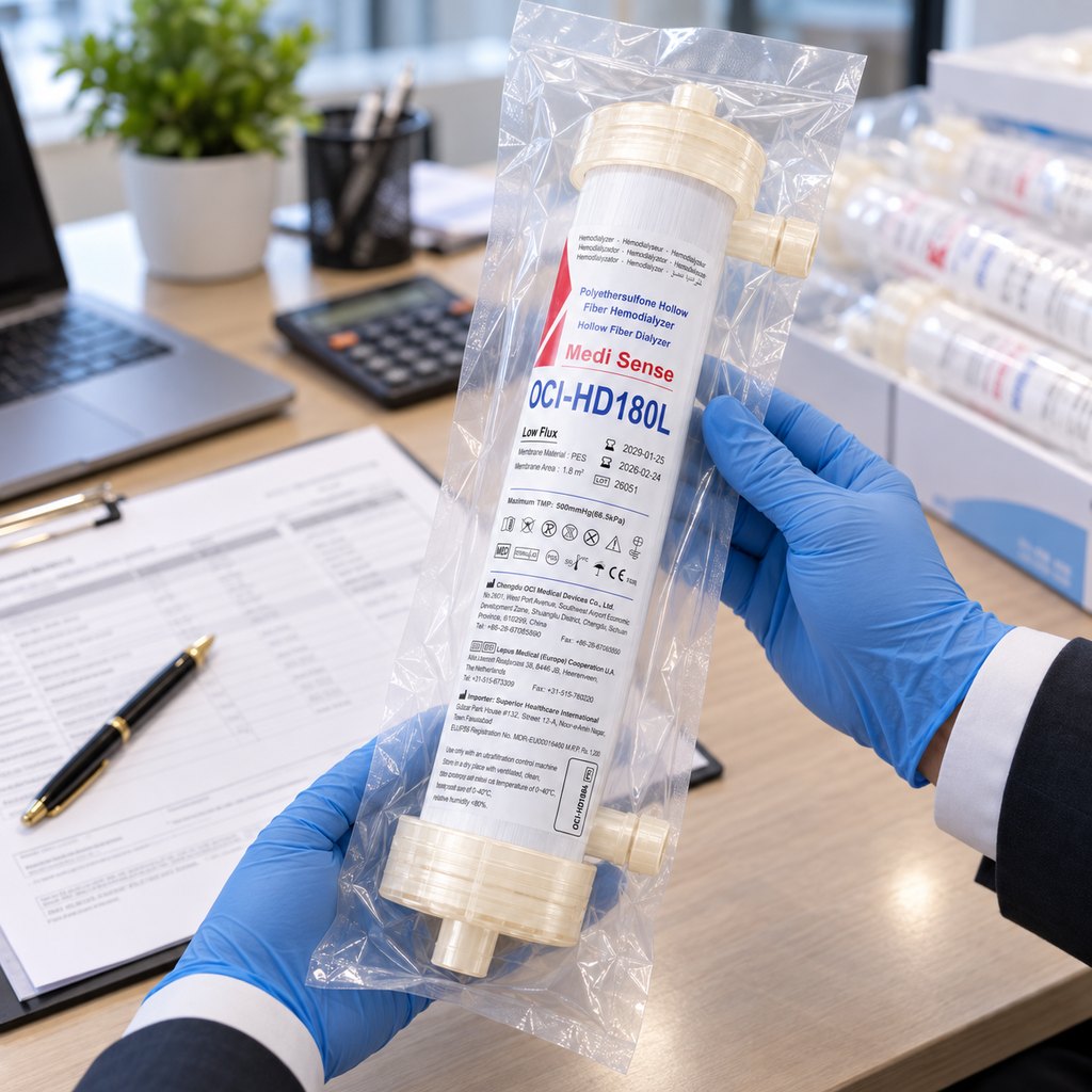 Medi-Sense dialyzer, fistula needles, and blood tubing in sterile packs