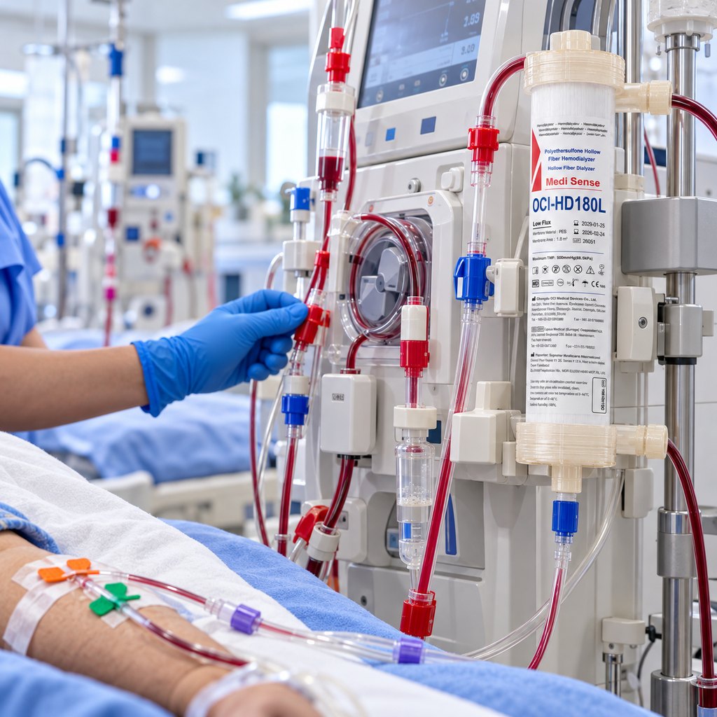 Medi Sense dialysis kit: dialyzer, fistula needles, and blood tubing
