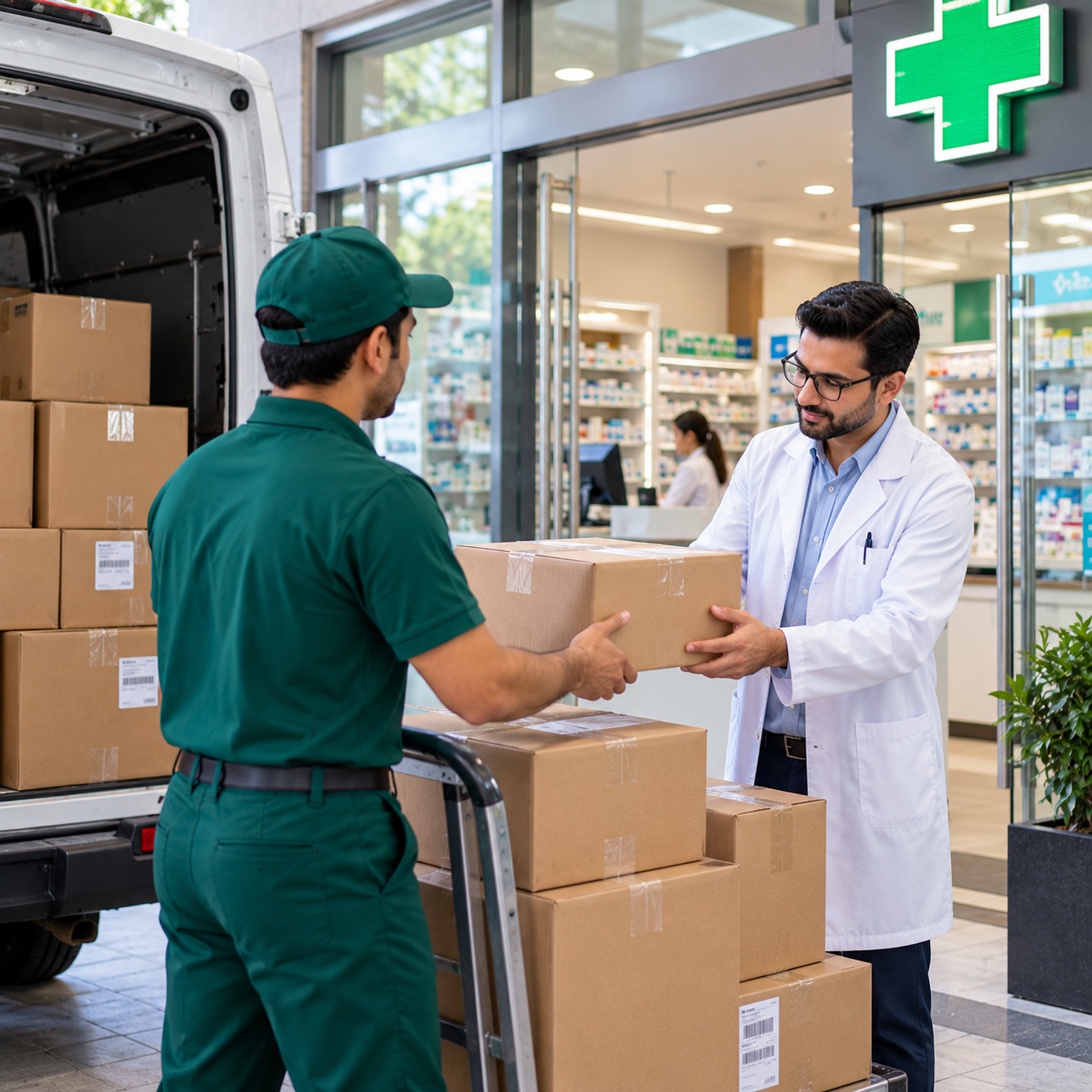 Pharmacy receiving medical supply delivery at the entrance.
